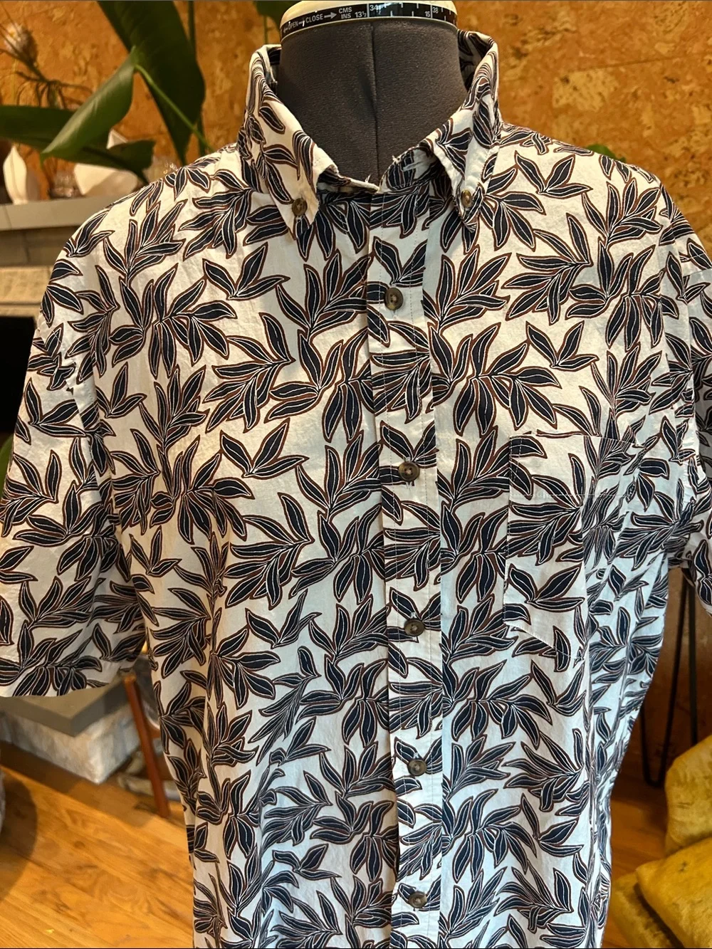 Banana Republic White Button-Up Shirt with Black Leaf Print